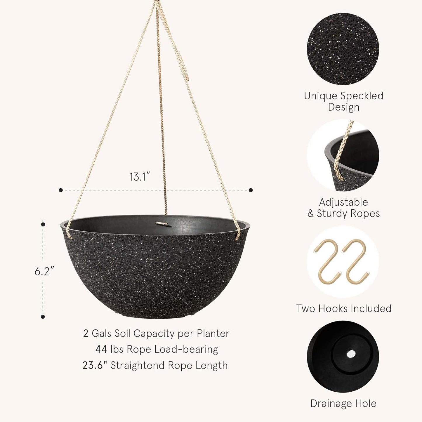 LA JOLIE MUSE Large Hanging Planters - 13 Inch Flower Pots Outdoor Indoor, Hanging Garden Planters Set of 2, New Iron Color