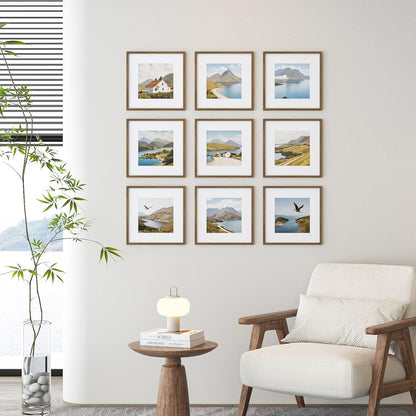 12x12 Picture Frame Set of 9, Display Pictures 8x8 with Mat or 12x12 without Mat, Multi Collage Gallery Square Photo Frames for Wall or Tabletop, Black