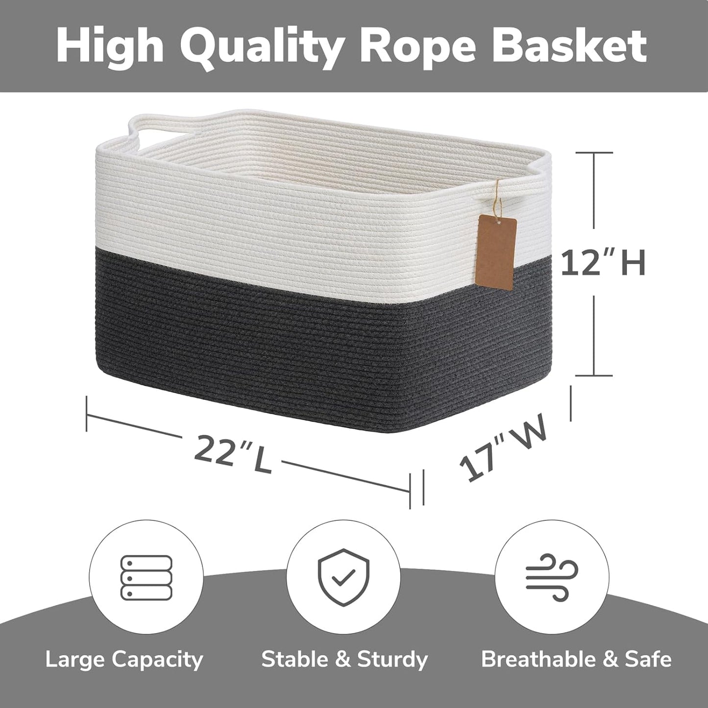 Goodpick Woven Storage Basket, Cotton Rope Basket for Dog Toys, Books, Stylish Gift Basket with Handles, 13 x 10 x 9 Inches Square Baskets for Organizing, Brown and White
