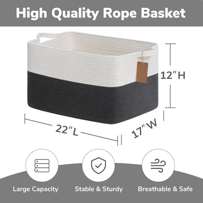Goodpick Woven Storage Basket, Cotton Rope Basket for Dog Toys, Books, Stylish Gift Basket with Handles, 13 x 10 x 9 Inches Square Baskets for Organizing, Brown and White