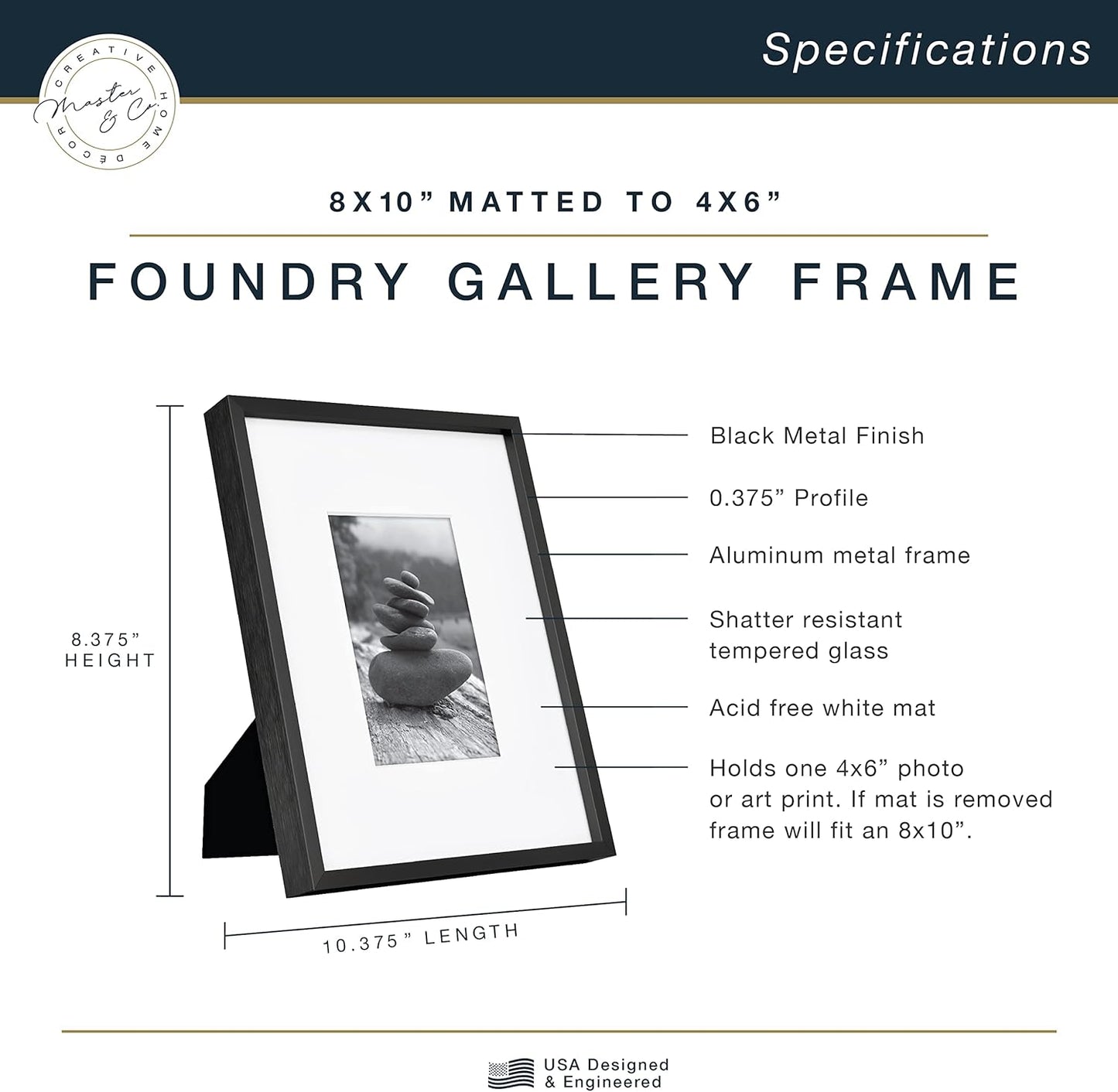 MCS Master & Co. Foundry Metal 18x18 Matted Picture Frame with 8x8 Photo Display, Black Vertical & Horizontal Wall Hanging Frame for Photos & Artwork (1-Pack)