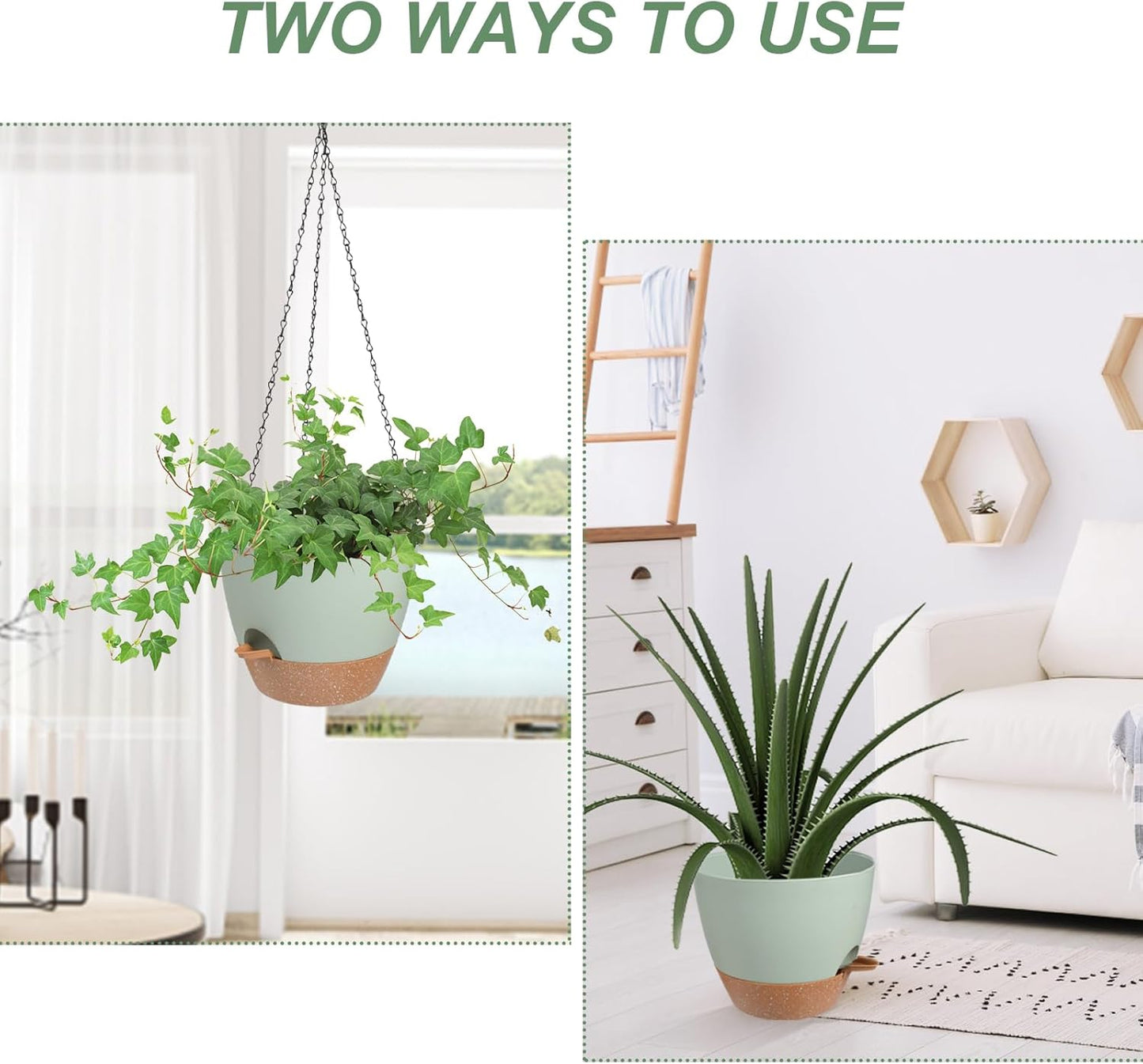 Vanslogreen Hanging Planters for Indoor Outdoor Plants, 2 Pack Self Watering Hanging Pot with Drainage Holes & Removable Tray (Black, 8'')
