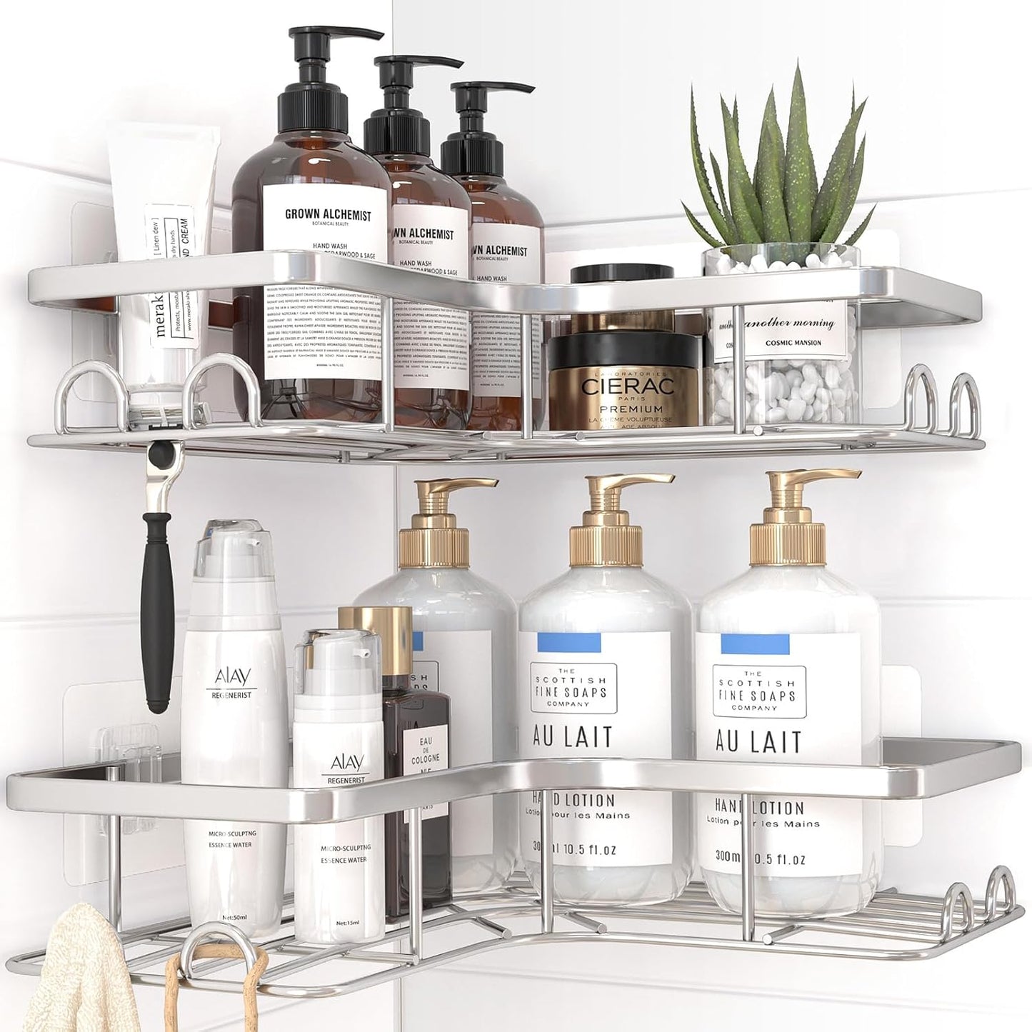Sakugi Corner Shower Caddy - 2 Pack, Adhesive Shower Organizers, Rustproof Stainless Steel Shower Shelves with 8 Hooks, No Drilling Bathroom Organizers and Storage Racks, Space-Saving, Black, Medium