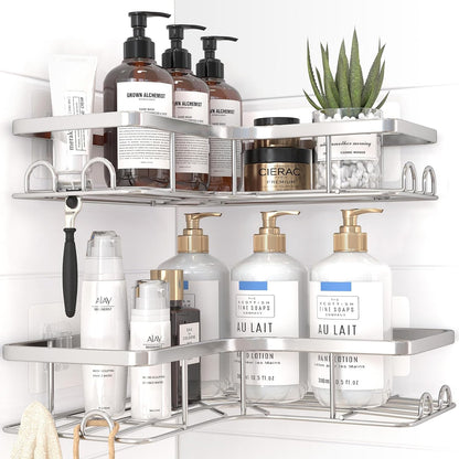 Sakugi Corner Shower Caddy - 2 Pack, Adhesive Shower Organizers, Rustproof Stainless Steel Shower Shelves with 8 Hooks, No Drilling Bathroom Organizers and Storage Racks, Space-Saving, Black, Medium
