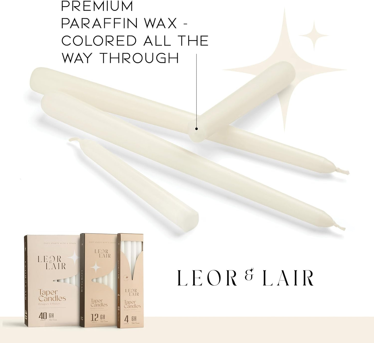 Leor & Lair Ivory Taper Candles - 4 Pack 10" Ivory Candlesticks - Unscented Cream Candle Sticks for Home Decoration, Holiday Tables, Weddings, Restaurants & Business Events