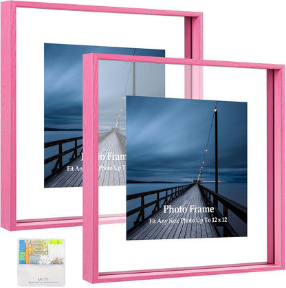 MUYE 11x14 Floating Frame Set of 2,Double Glass Rustic Frame,Display Any Size Photo up to 11x14,Wall Mount or Tabletop Standing,Natural