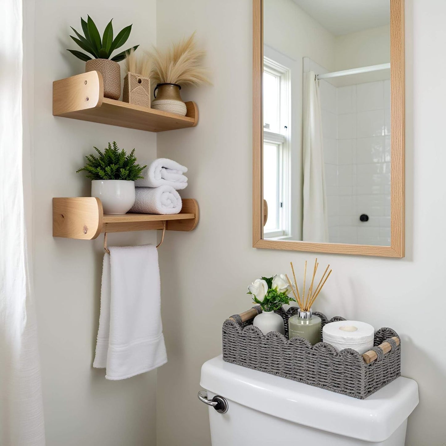 CubesLand Paper Rope Scalloped Edge Toilet Paper Storage Basket, Small Living Room, Bedroom Decor Baskets for Over Toilet Storage Shelf, End Table, Shelves and More, with 2 Wooden Handle, Neutral