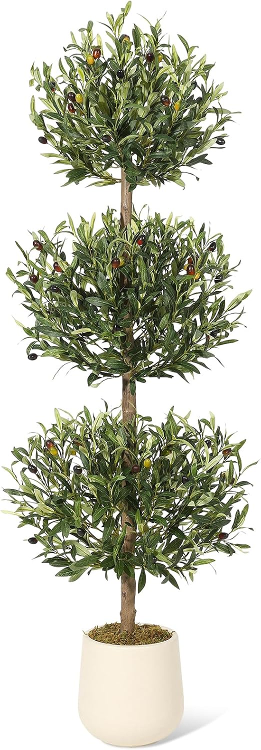 5 ft Artificial Olive Tree, Triple Ball Topiary Faux Plant with Moss & Pot, Outdoor Indoor Realistic Fake Shrubs Trees, Round Bushes Fake Shrubs Potted for Home Offices Porch Decor, Set of 2