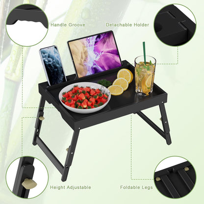 Bed Tray Table with Handles Folding Legs,Bamboo Breakfast Food Tray with Media Slot,Use As Platter,Laptop Desk,Snack,TV Tray Kitchen Serving Tray Black Large