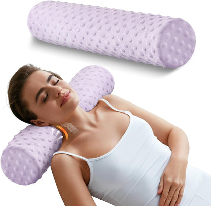 Memory Foam 4" Round Pillow, Cervical Neck Pillow for Pain Relief, Cylinder Pillows 18"x 4", Removable Cover, Neck Roll Pillow for Sleeping, Velvet Dots, Pink