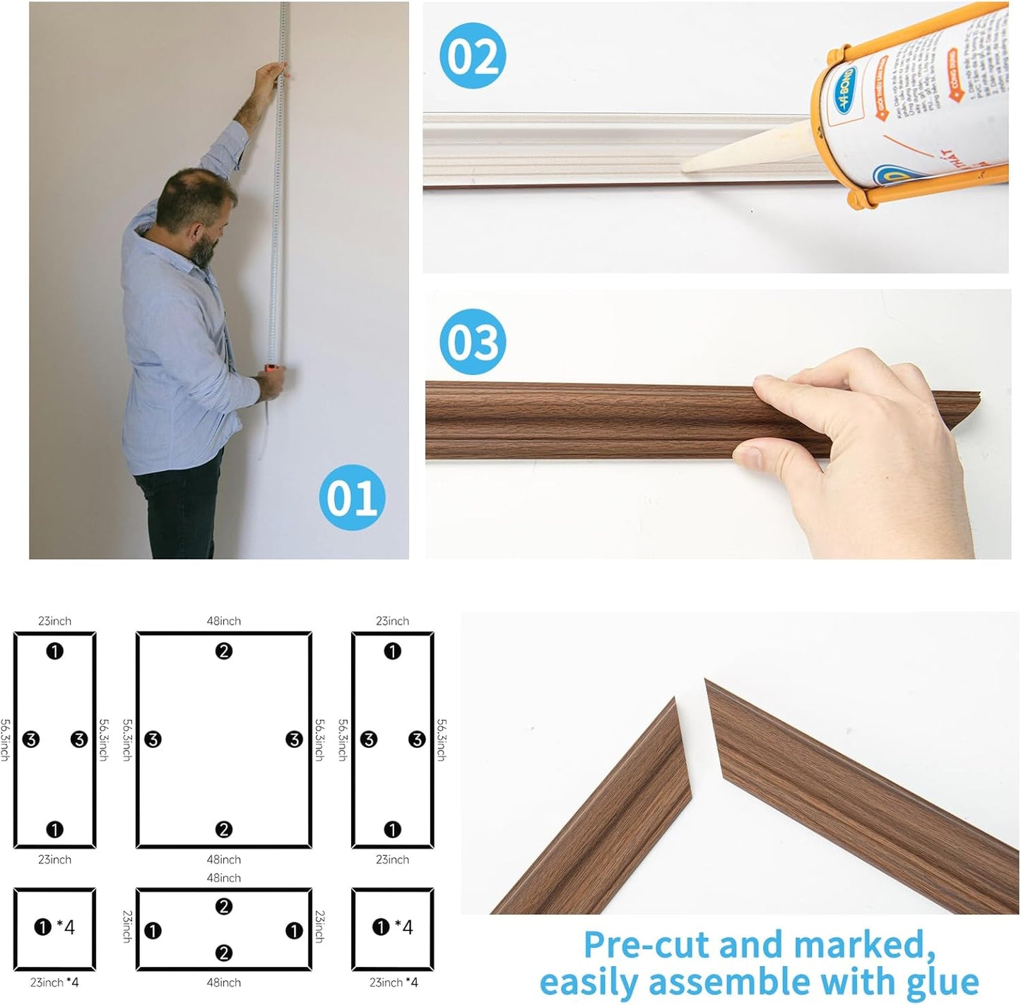 Art3d Pre-Cut Wall Molding Set of 6 pcs, Ready-to-Assemble Wainscoting Panels for Interior Wall Décor Living Room Bedroom Accent Wall - Installed with Glue, 3 Top 3 Bottom