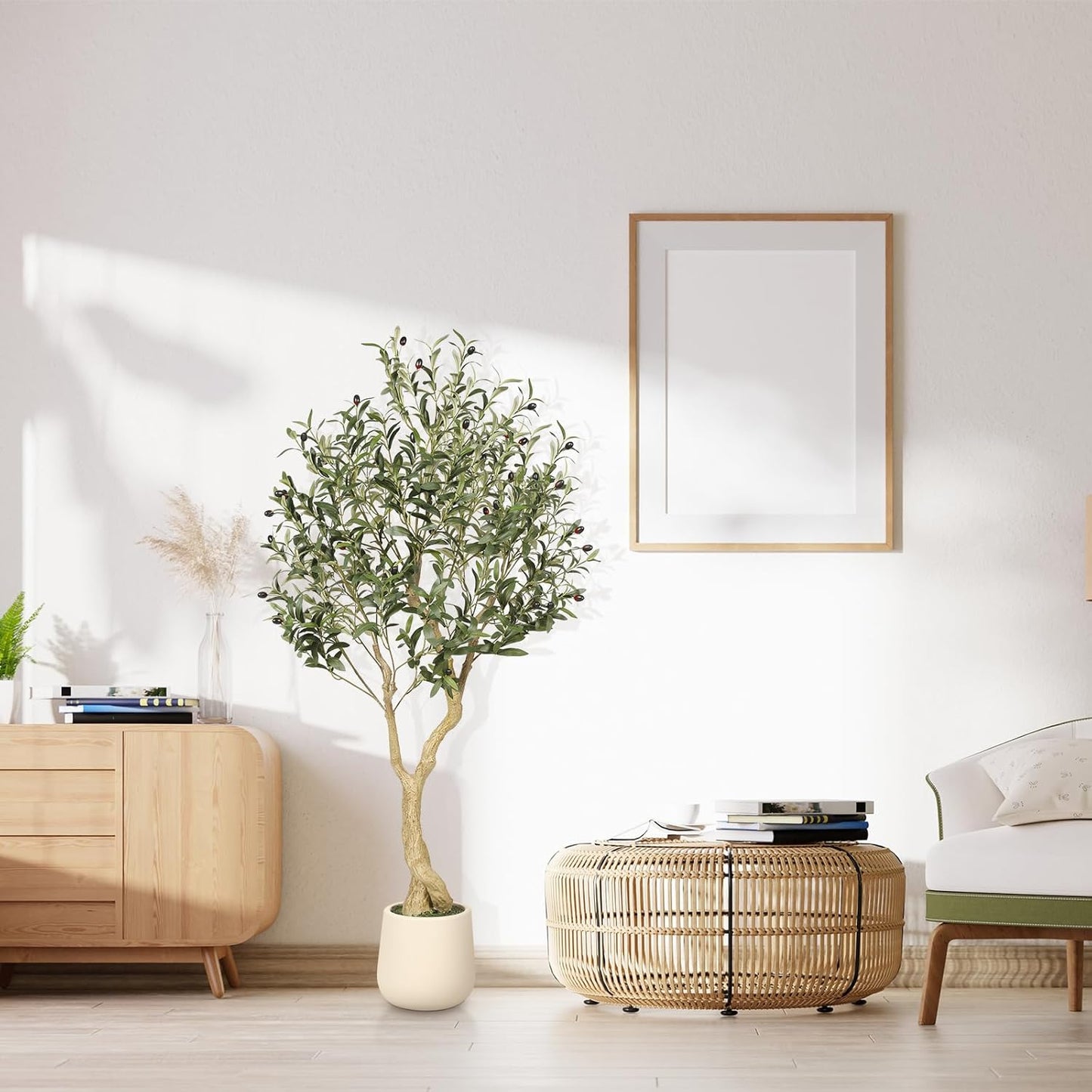 Realead 6ft Artificial Olive Tree with Tall Exquisite Planter - Realistic Faux Olive Tree with Thick Trunk and Lifelike Fruits - Large Fake Olive Tree for Home Office Decor