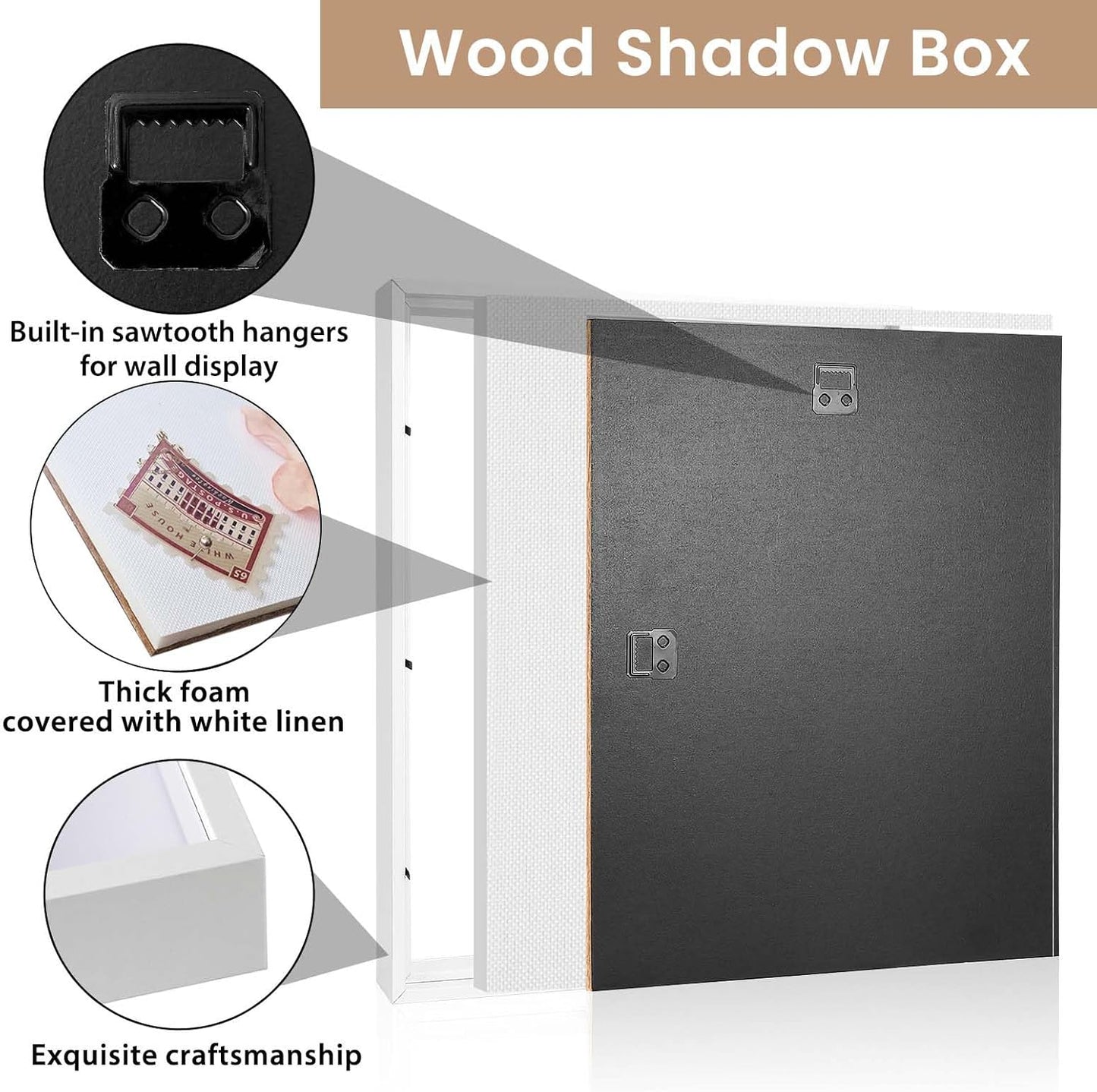 Califortree 8x8 Shadow Box Frame with Soft Linen Back - Push Pins Included, Memory Box Display Case for Flower, Tickets and 3D Items, Black