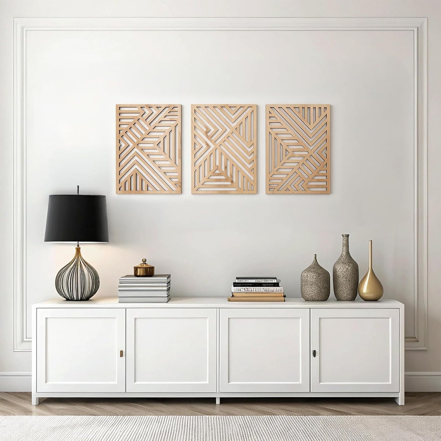 qmmp Modern Wooden Wall Sculptures - Set of 3 - Home Decor Accent - Large Wall Art for Living Room, Bedroom, Office - Easy Installation (Oak, Medium - Mountain and Sun)