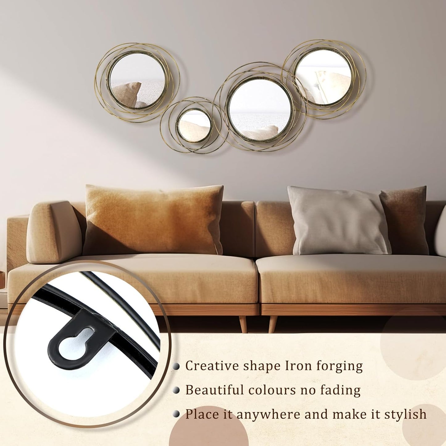 Hicarer 4 Pcs Decorative Wall Mirror Round Modern Circle Mounted Mirror Metal Wall Art Decor for Bedroom Living Room Entryway Dining Room Hallway(Gold)