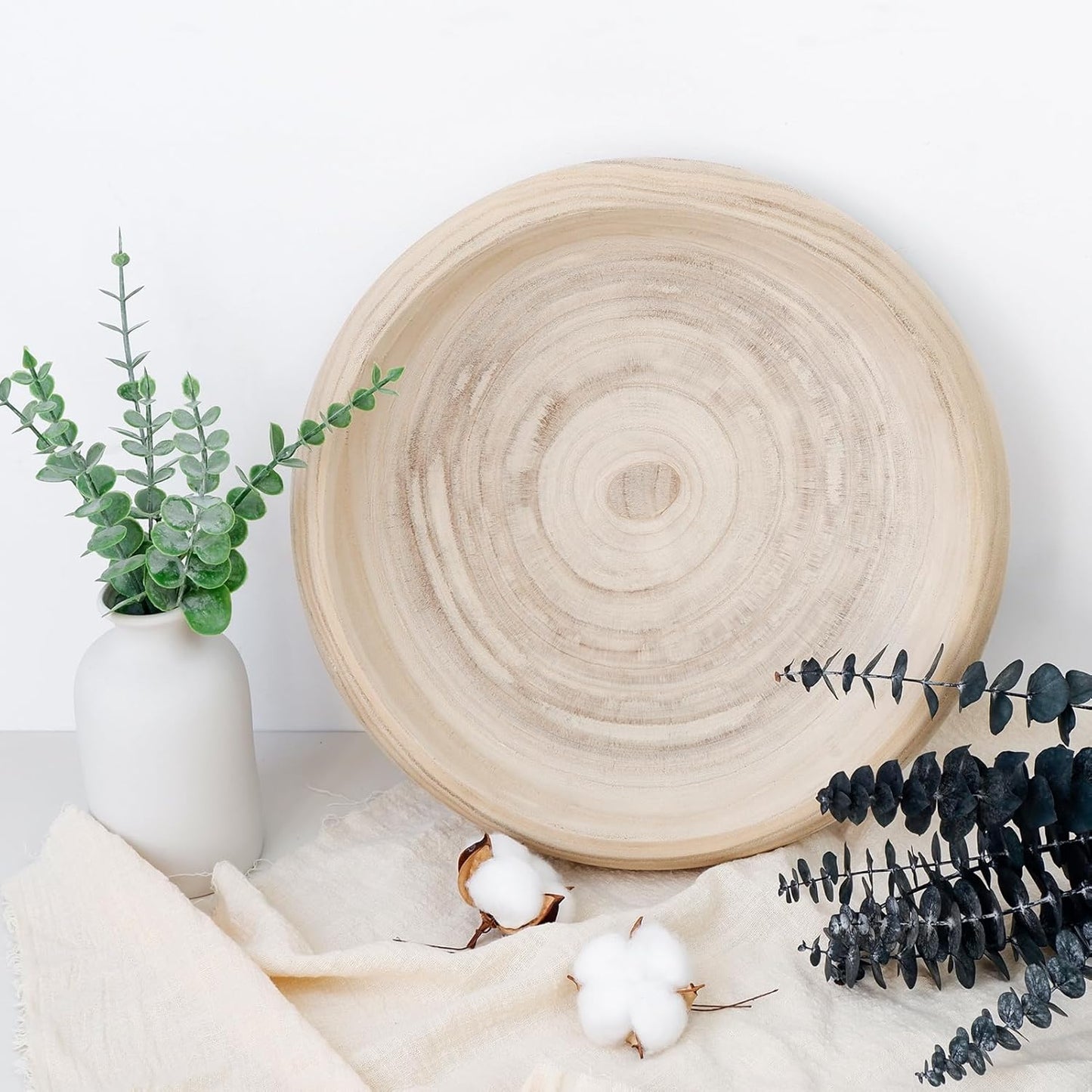 Wooden Decorative Bowls, 11.2 Inch Premium Round Serving Bowl with Rope Handles for Home Decor, Round Paulownia Wood Centerpiece Bowl for Coffee Table(Natural)
