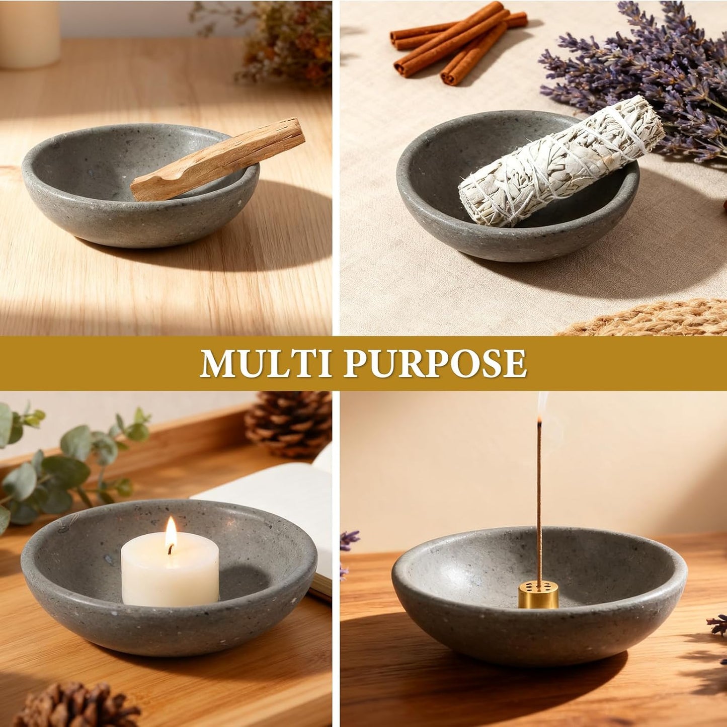 Koville Natural Marble Incense Holder, Incense Holder for Sticks with 9 Holes, Handmade Incense Burner Ash Catcher for Meditation Yoga SPA, Balsam Fir/Palo Santo/Sage/Cone (Green)