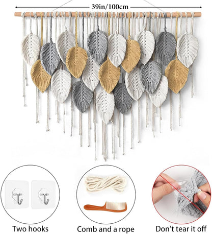 KHOYIME Large Macrame Wall Hanging Boho Woven Tapestry, Chic Home Decor Modern Bohemian Handmade Leaf Feather Wall Art Decorations for Apartment Dorm Living Room Bedroom Nursery Backdrop 39"W X 29.5"L