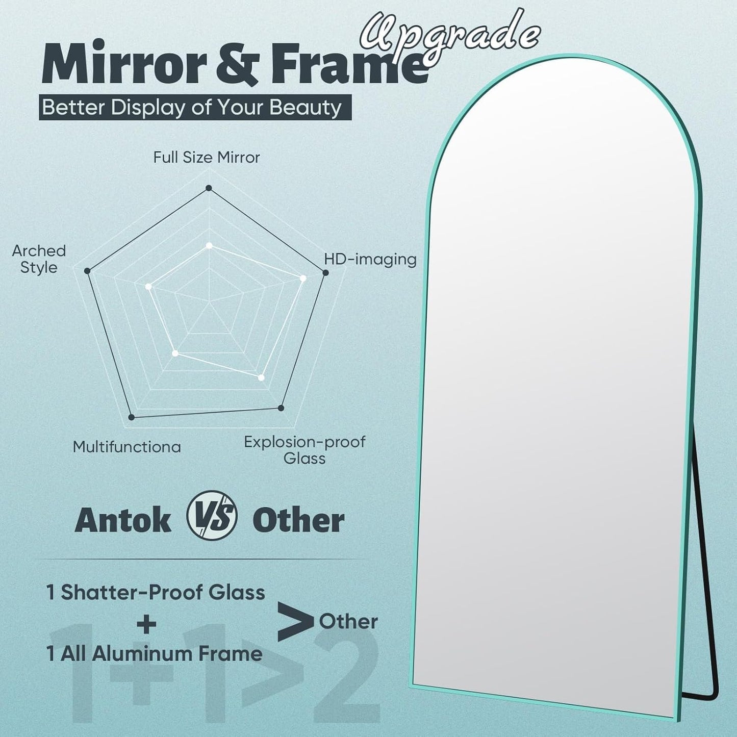 Antok 71" x28” Arched Full Length Floor Mirror, Black Aluminum Frame, Free Standing/Wall Mount/Leaning for Bedroom, Living Room, Dressing Room