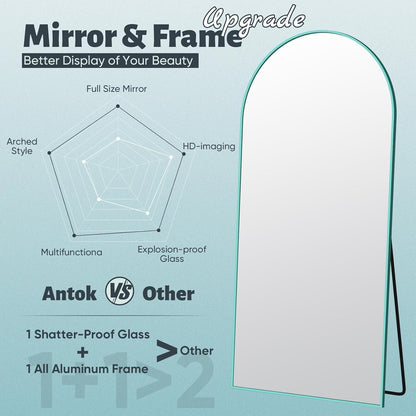 Antok 71" x28” Arched Full Length Floor Mirror, Black Aluminum Frame, Free Standing/Wall Mount/Leaning for Bedroom, Living Room, Dressing Room