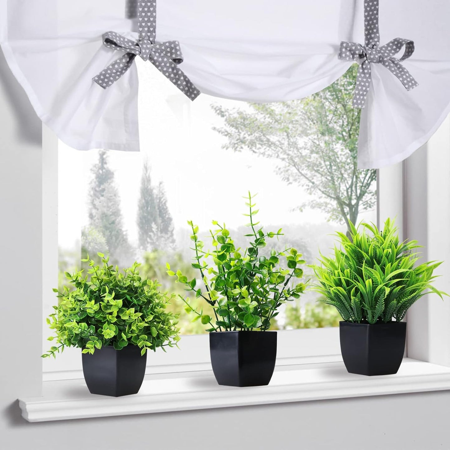 GREENTIME 4 Pack Fake Plants in Black Pot Mini Artificial Eucalyptus Potted Plant Small Faux Grass Greenery Potted for Indoor Home Office Farmhouse Bathroom Table Decoration