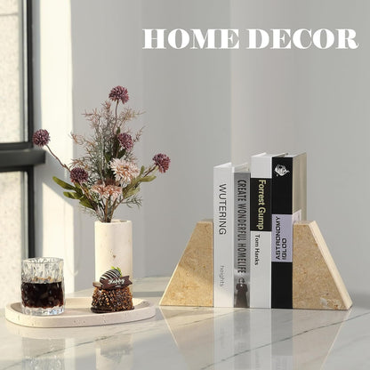 Karibiber Travertine Bookends for Heavy Books, Marble Decorative Bookends for Shelves, Heavy-Duty Stone Book Ends for Hardback Book & Cookbooks, Unique Book Stopper & Holder, Travertino Italy