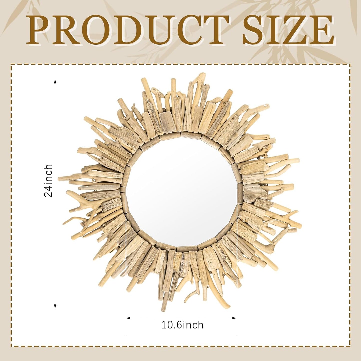 Vercraft 24 Inch Large Driftwood Wall Mirror Decorative Boho Sunburst, Rustic Natural Wood Coastal Farmhouse Wall Decor Frame for Entryway Bathroom, Living Room, Housewarming Gift
