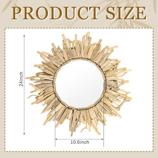 Vercraft 24 Inch Large Driftwood Wall Mirror Decorative Boho Sunburst, Rustic Natural Wood Coastal Farmhouse Wall Decor Frame for Entryway Bathroom, Living Room, Housewarming Gift