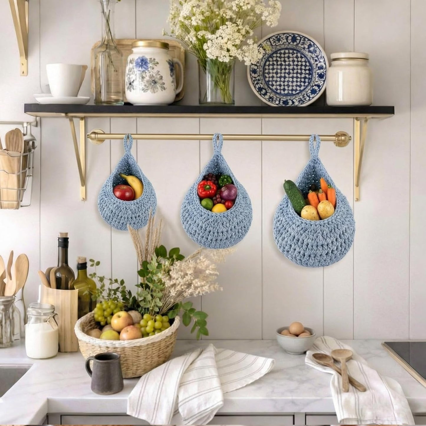 Honeydak Boho Decor Hanging Wall Baskets for Kitchen 3 Pack Teardrop Baskets with Hooks Storage Fruit Onion Vegetable Potato for Home 3 Sizes(Linen,Teardrop,Jute)