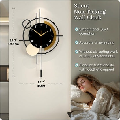 Wall Clock for Living Room Decor Decorative Wall Clock with Pendulum Silent Quartz Battery Operated Black Metal Large Clock for Dining Room,Kitchen,Home,Bathroom,Bedroom,13.8x21.3 in