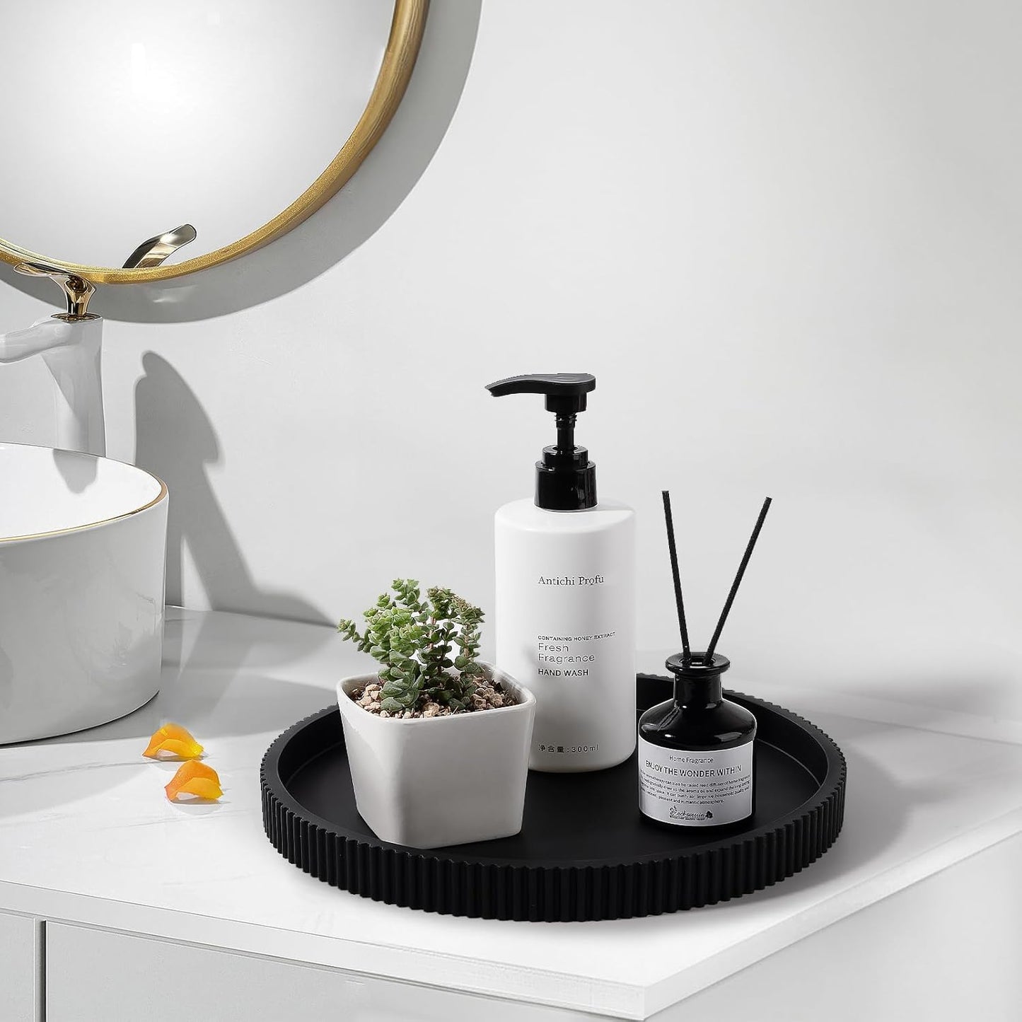 Silicone Bathroom Tray Round Kitchen Counter Organizer Decorative Vanity Accessories Coffee Table Decor for Perfume, Candle, Soap Dish, 9 Inch, Black