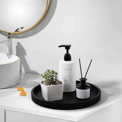 Silicone Bathroom Tray Round Kitchen Counter Organizer Decorative Vanity Accessories Coffee Table Decor for Perfume, Candle, Soap Dish, 9 Inch, Black