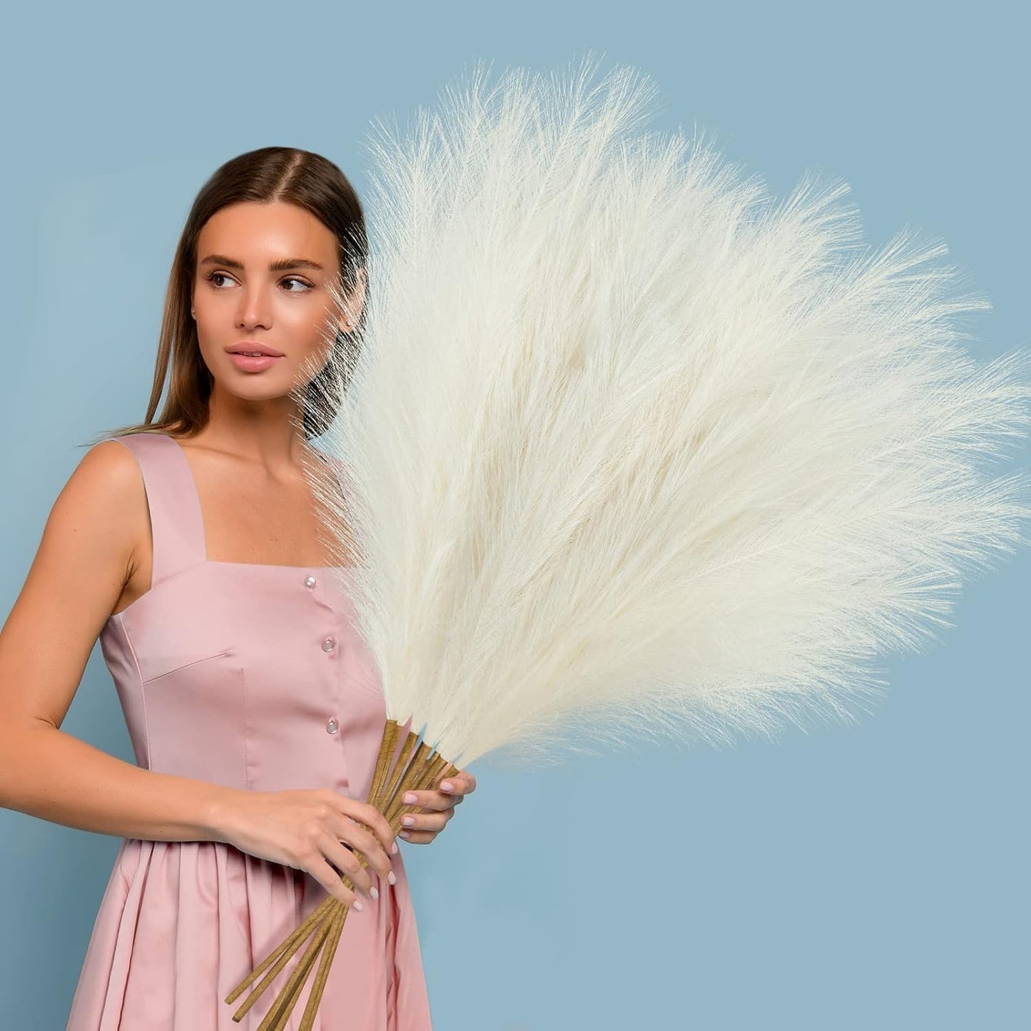Ouddy Decor 8 Pcs Faux Pampas Grass Decor 38''/97cm Tall Artificial Large Pompous Pompas Floral Fluffy Fake Plants Floor Vase Filler for Wedding Kitchen Home Boho Decorations, Mixed Beige