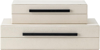 Set of 2 Beige Shagreen Decorative Storage Boxes with Gold Metal Handles – Faux Leather Jewelry & Memory Boxes, Nesting Photo Organizers for Home Decor