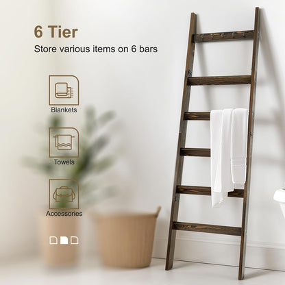 TEAKMAMA 6-Tier Blanket Ladder for Living Room and Bedroom,5.4 Ft Wall Leaning Quilt Rack with Hooks,Rustic Decorative Farmhouse Blanket Storage,Stylish Ladder Holder,Christmas Decorations,Black