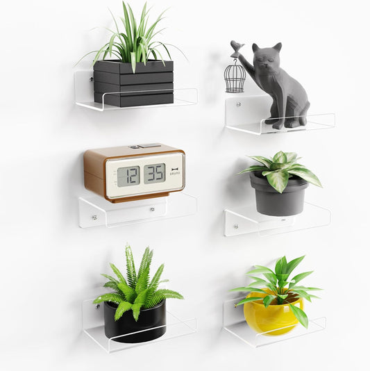 upsimples 6 Pack Acrylic Shelves for Wall Storage, 15" x 4“ Floating Bookshelves for Kids, Display Shelf Organizer for Bathroom, Bedroom, Living Room, Kitchen, Room Decor, Clear