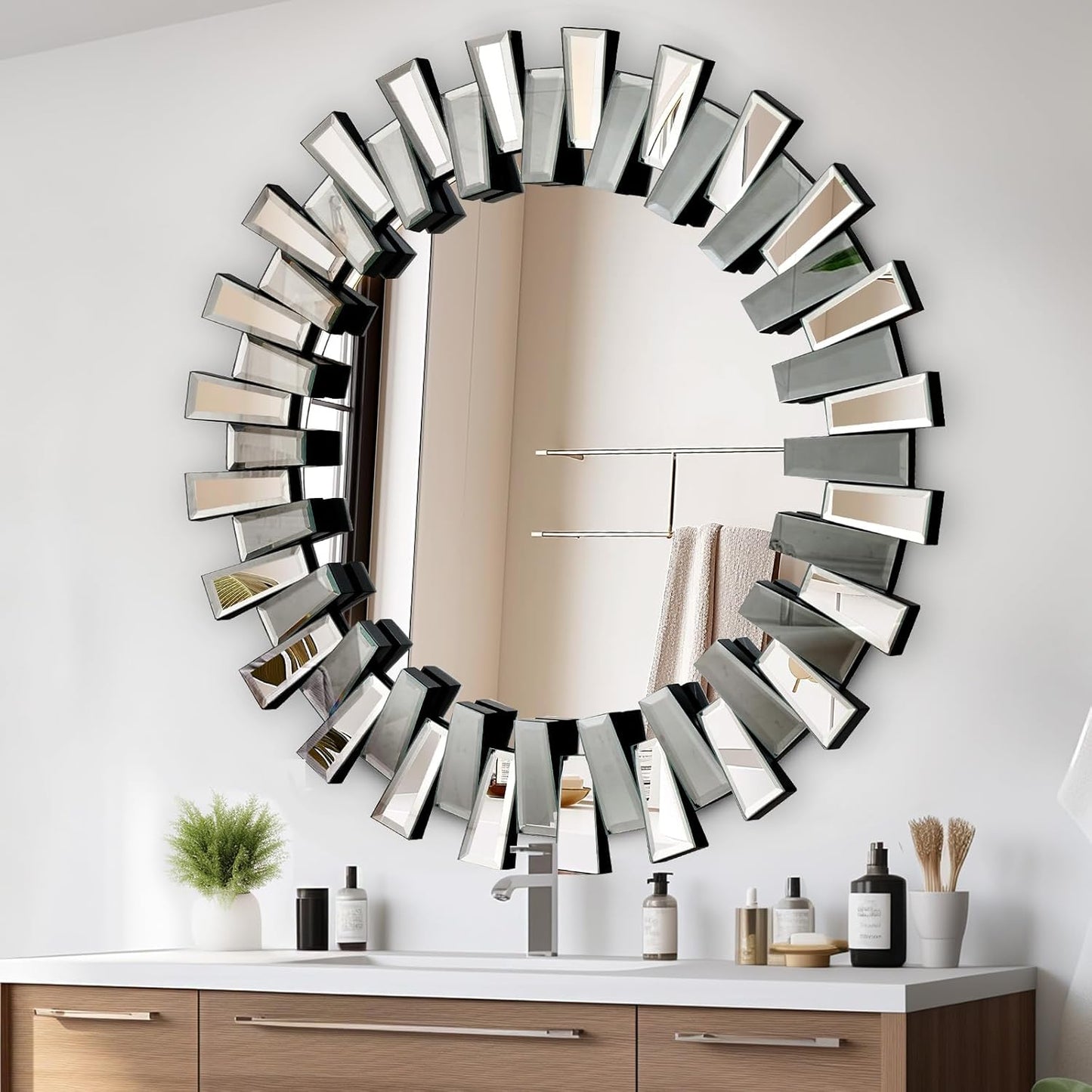 QDSSDECO Round Mirror Sunburst Wall Mirror 24" Beveled Edge Frameless for Living Room Bathroom Bedroom Entryway Decor