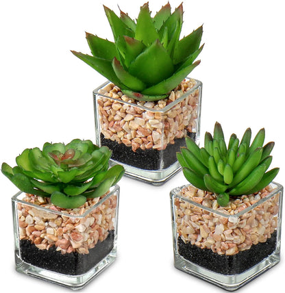 Briful Mini Fake Plants 4 Packs Succuletns Artificial Potted Plants in Cube Glass Vase Faux Succulents for Bathroom Living Room Kitchen Shelf Table Decor