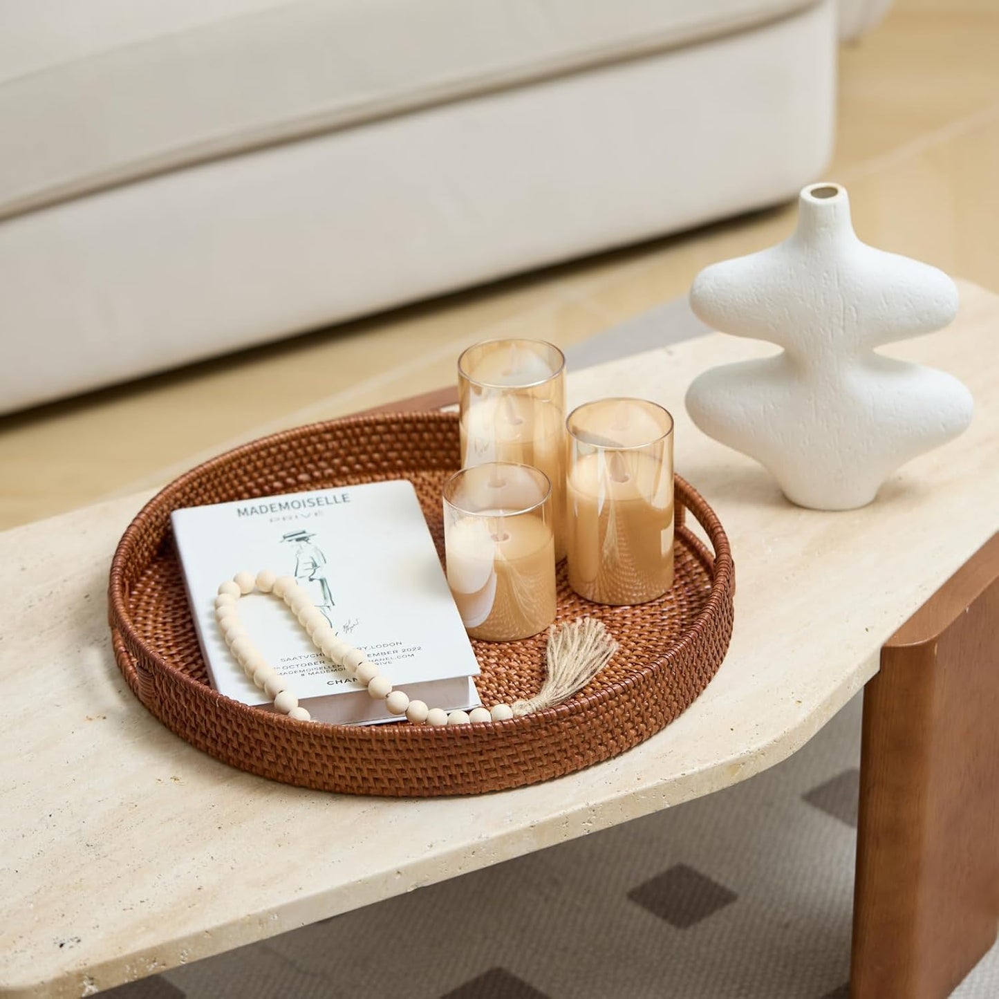 13.8 inch Round Rattan Tray, Decorative Coffee Table Tray, Ottoman Tray, Woven Serving Tray with Handles, Wicker Serving Basket, Whitewash