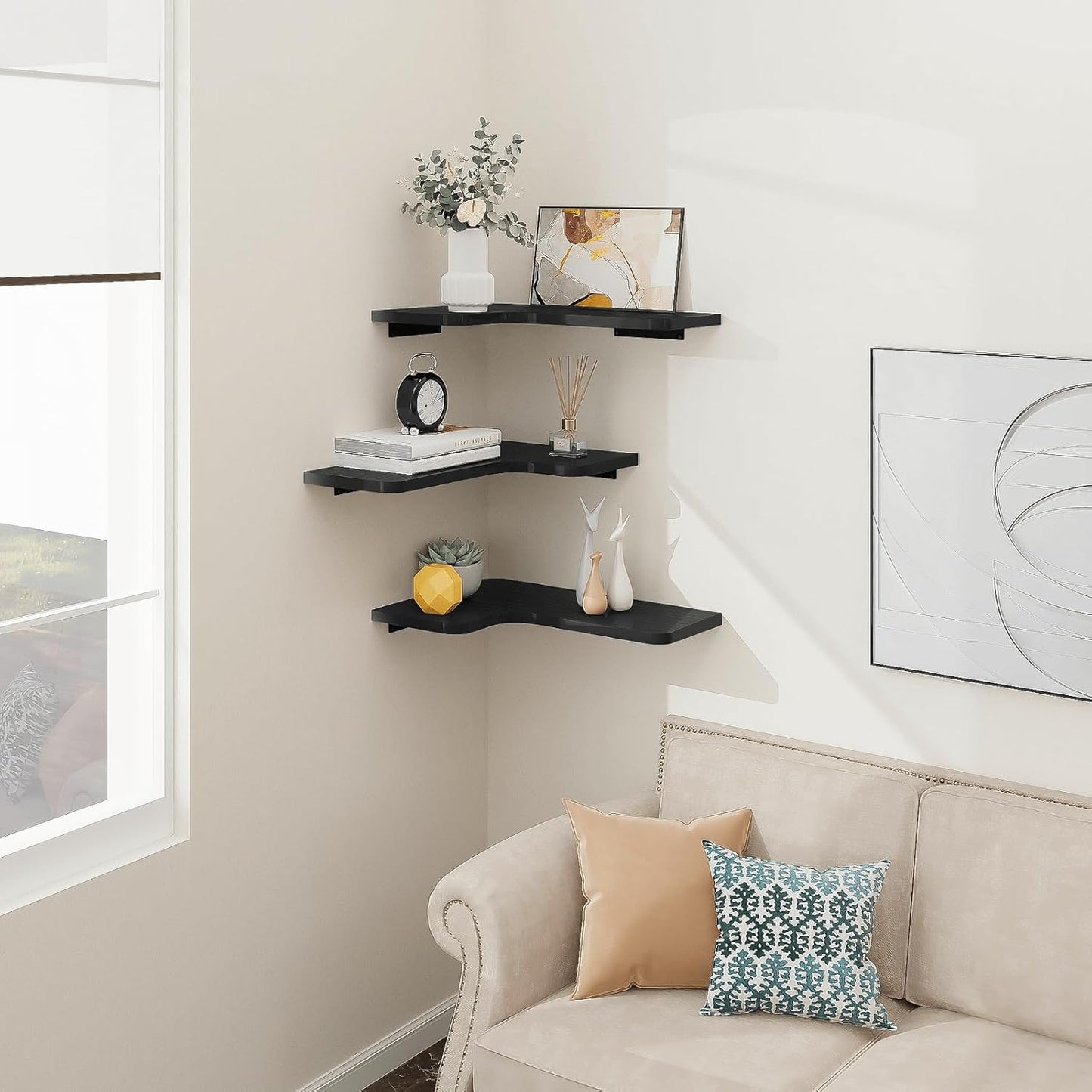 Homode Corner Floating Shelves, Set of 3 Corner Wall Shelves with Wire Hole, L-Shaped Wood Hanging Storage Shelf for Wall Decor, for Bathroom Kitchen Bedroom, White