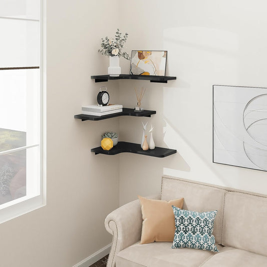 Homode Corner Floating Shelves, Set of 3 Corner Wall Shelves with Wire Hole, L-Shaped Wood Hanging Storage Shelf for Wall Decor, for Bathroom Kitchen Bedroom, White