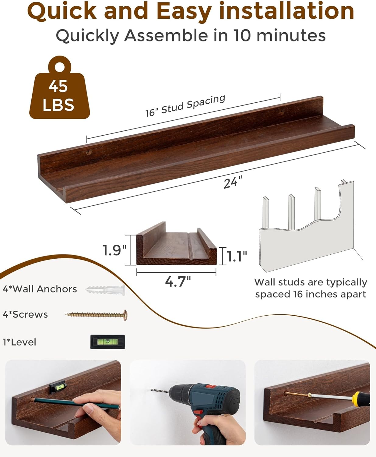 Axeman Oak Picture Ledge Shelf, 48 Inch Floating Shelves Set of 2, Solid Oak Wood Wall Shelves with Lip, Wall Decor Storage for Bedroom Living Room Bathroom Kitchen Nursery Photo Picture, Natural Oak