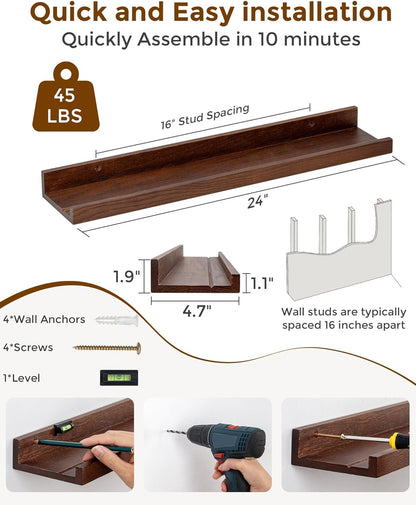 Axeman Oak Picture Ledge Shelf, 48 Inch Floating Shelves Set of 2, Solid Oak Wood Wall Shelves with Lip, Wall Decor Storage for Bedroom Living Room Bathroom Kitchen Nursery Photo Picture, Natural Oak