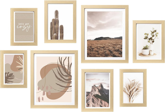 ArtbyHannah Gallery Wall Frame Set for Stairway, Neutral Wood Picture Frames Collage Wall Decor for Living Room, Entry, 8 Pack Assorted Size-11"x14", 8"x10", 6"x8"