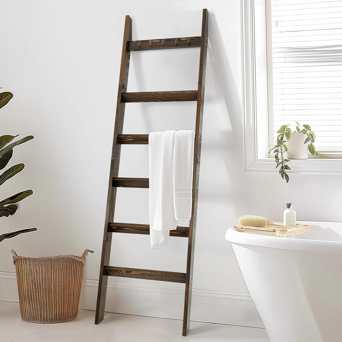 TEAKMAMA 6-Tier Blanket Ladder for Living Room and Bedroom,5.4 Ft Wall Leaning Quilt Rack with Hooks,Rustic Decorative Farmhouse Blanket Storage,Stylish Ladder Holder,Christmas Decorations,Black