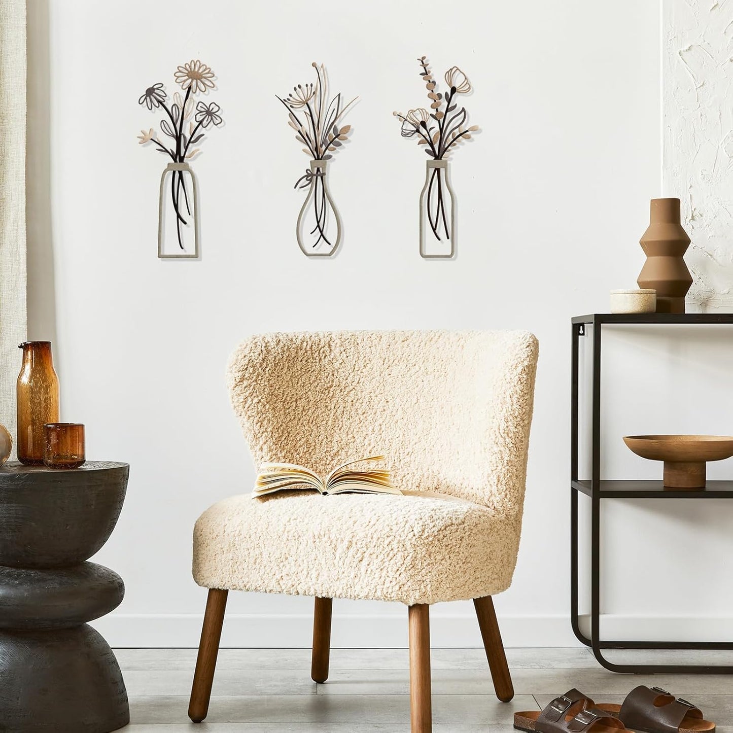 Pigort 3 Pieces Metal Flowers Wall Art- Rustic Farmhouse Decor Minimalist Decor for Living Room Bathroom Bedroom Dining Room, Housewarming Gifts Christmas Decoration(Beige, Vase-C)