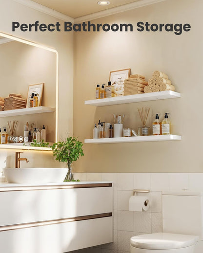 AMADA HOMEFURNISHING Floating Shelves, Wall Shelves for Bathroom/Living Room/Bedroom/Kitchen Decor, White Shelves with Invisible Brackets Set of 3 - AMFS08