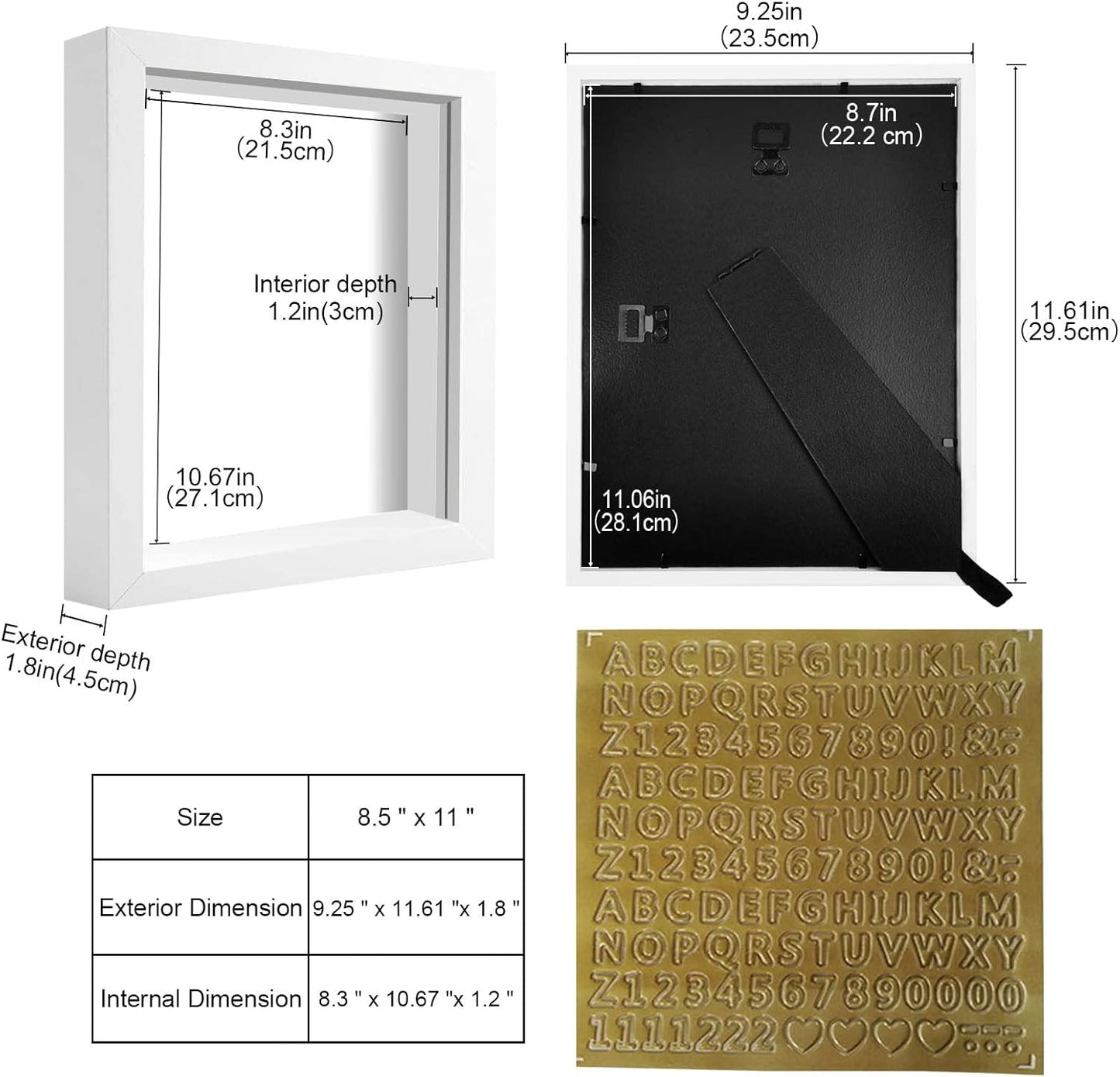 8x8 Shadow Box Frame Display Case with Letter Stickers, 3D Picture Frame, Display Case Box for Memorabilia, Baby Items, Wedding Memories, Crafts, Tickets and Photos (White, 8x8)
