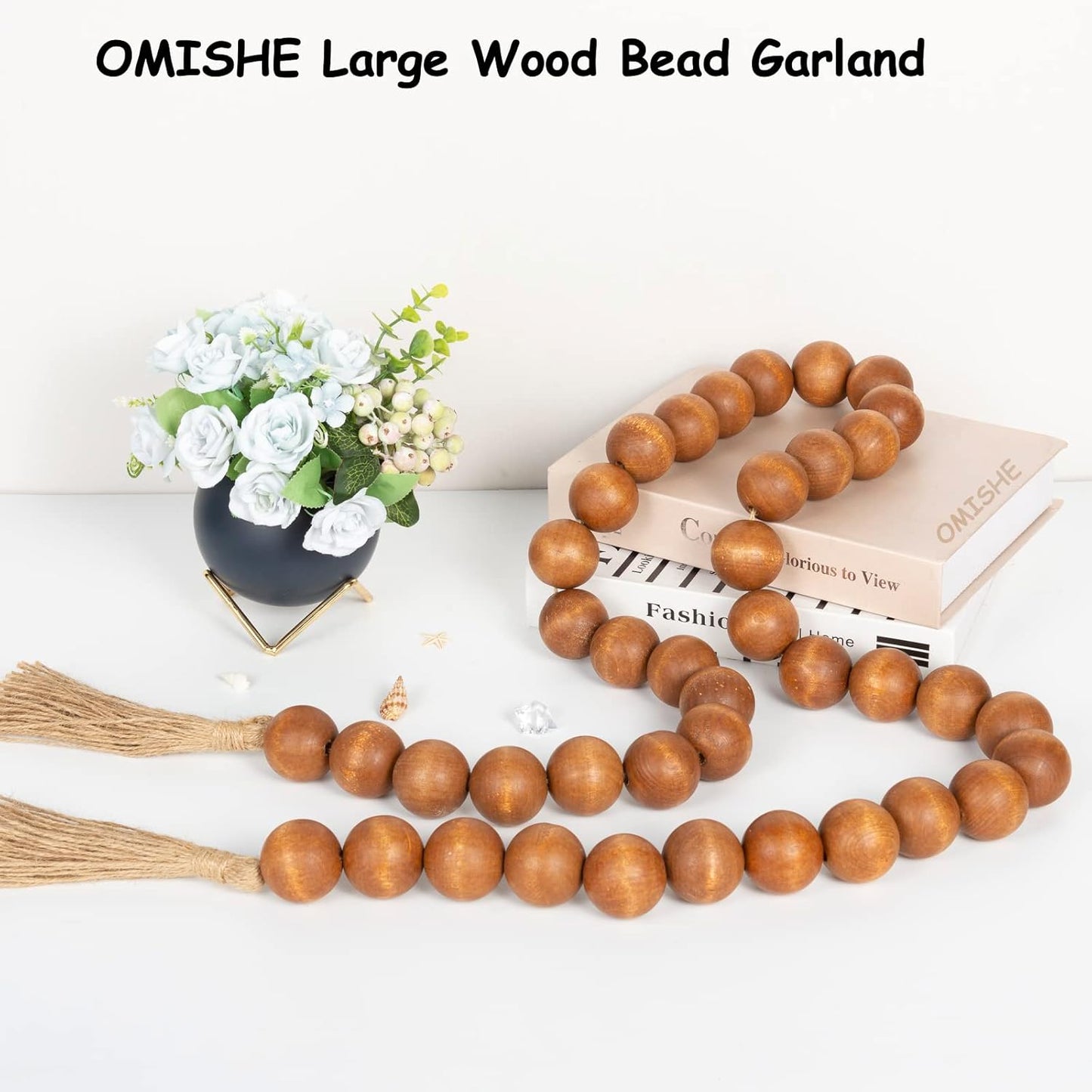 OMISHE Extra Large Wood Bead Garland with 1.6" Diameter Wooden Beads and Tassels, 41" Long Rustic Farmhouse Country Decorative Beads for Home Tiered Tray Decor, Natural Beige