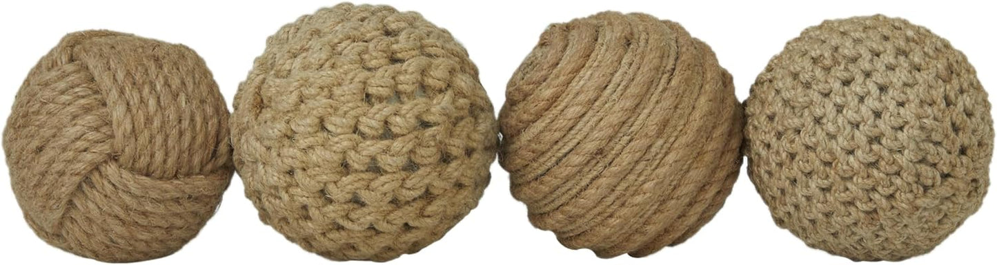 Deco 79 Jute Rope Handmade Decorative Ball Orbs & Vase Filler with Varying Designs, Set of 4 4"W, 4"H, Brown